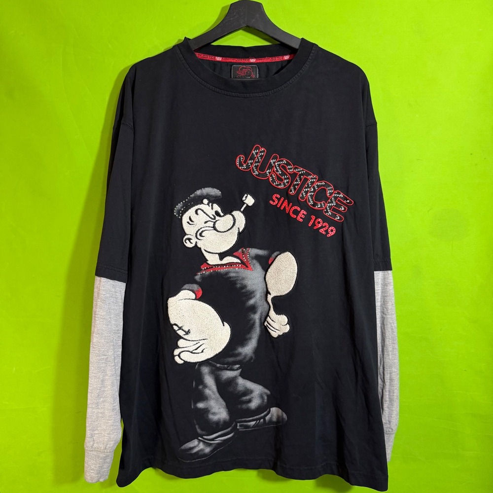 3XL Justice Popeye the Sailor Man Graphic Long Sleeve Shirt Black Grey Mens VTG